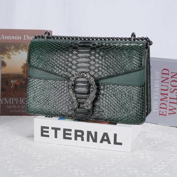 ⚡ Women's Dark Green Snake Vegan Leather Print Casual Satchel Crossbody Handbag - Picture 7 of 7